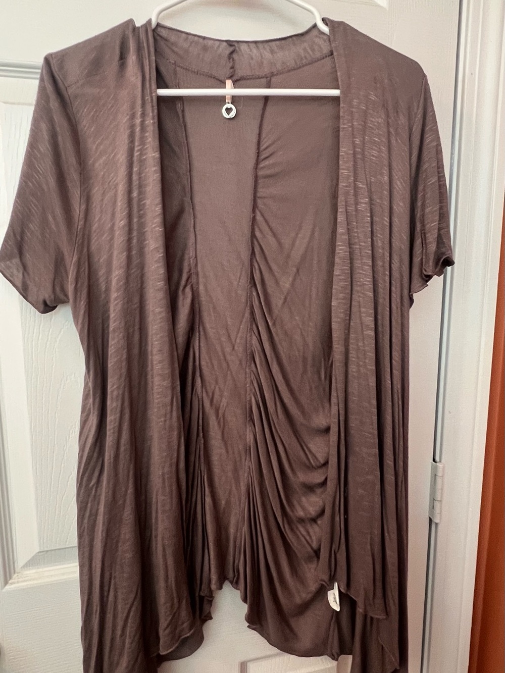 Robin K Taupe Knit Top with Pink Ribbon and Heart Pendant (inside)